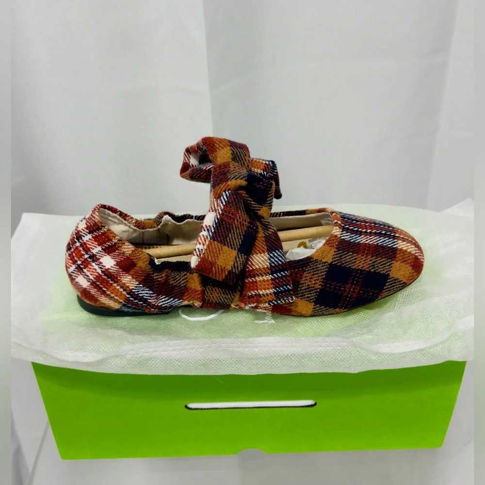 Sam Edelman Felicity Little Kid 3 Rust Plaid Multicolored Ballet Flats & Bow NWT